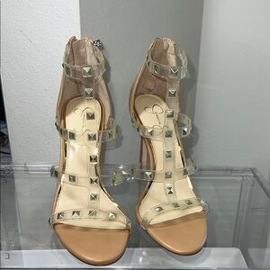 Jessica Simpson Clear Studded Strappy Heels - Tan
